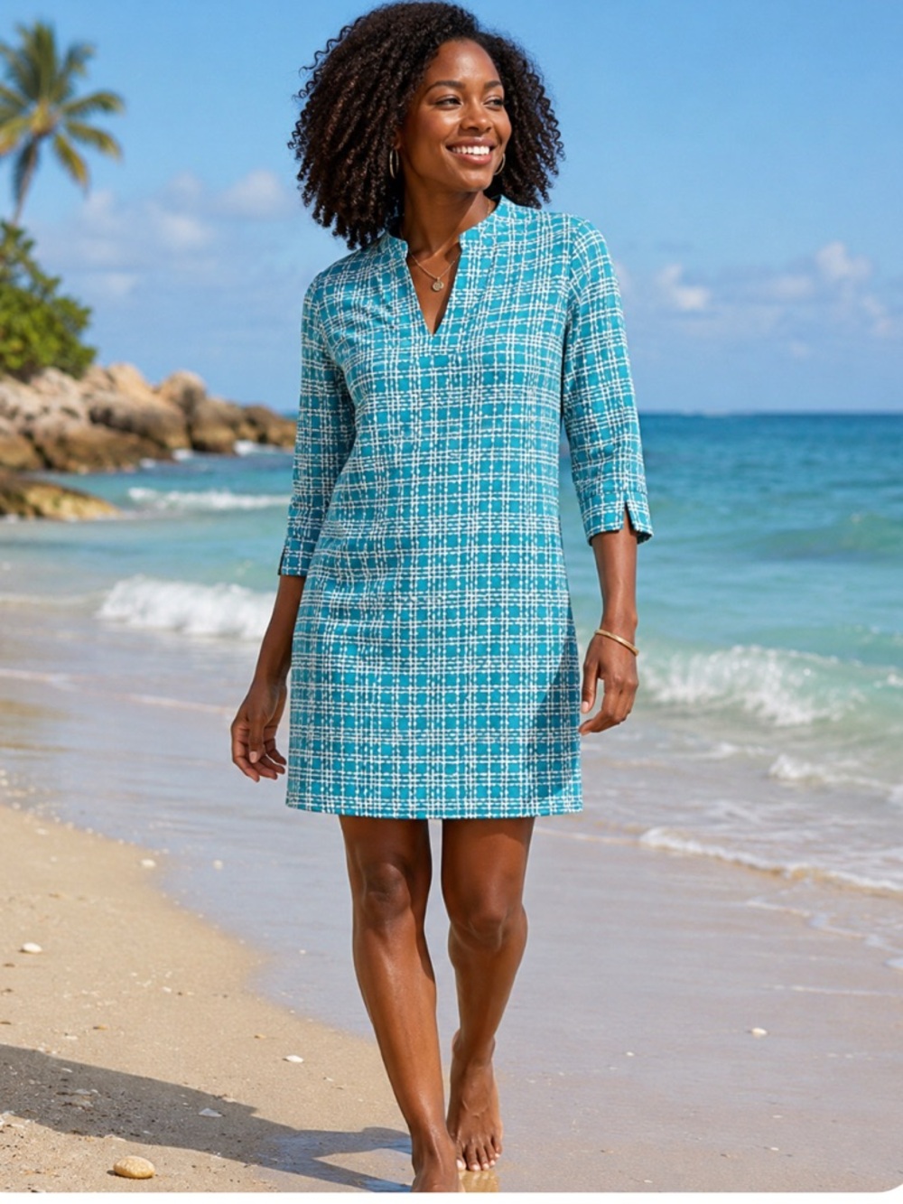 Katherine Way Teal and White 3/4 Sleeve Dress Size Small